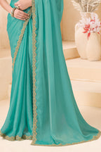 Sea Green Designer Saree with Golden Embroidered Blouse