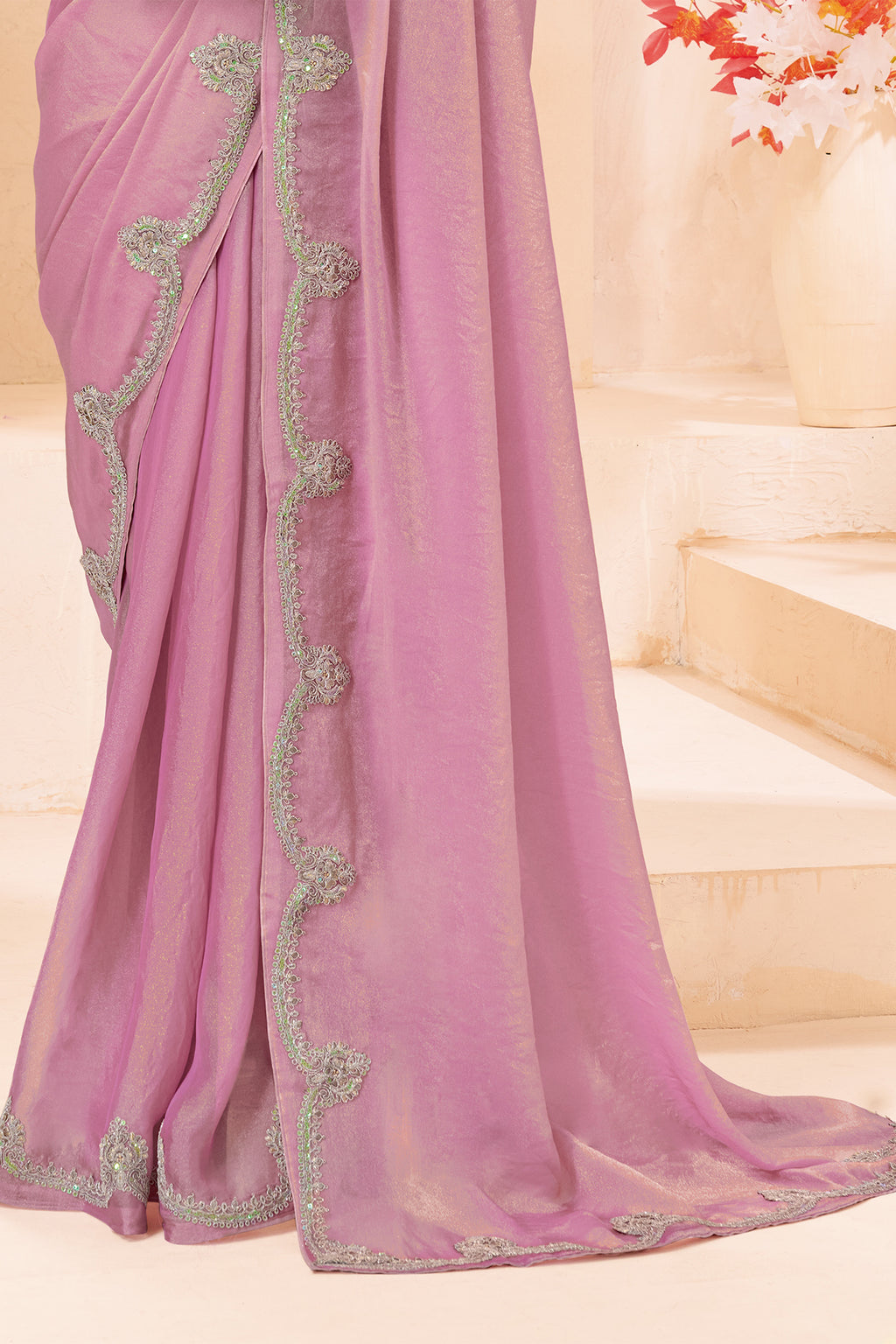 Pastel Pink Designer Saree with Silver Embroidered Blouse
