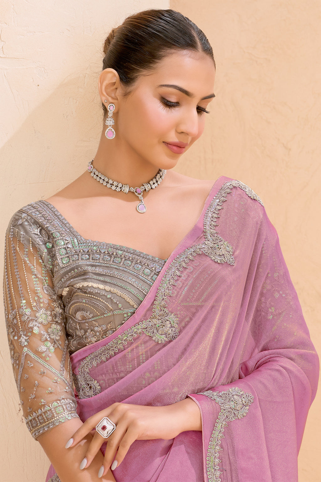 Pastel Pink Designer Saree with Silver Embroidered Blouse