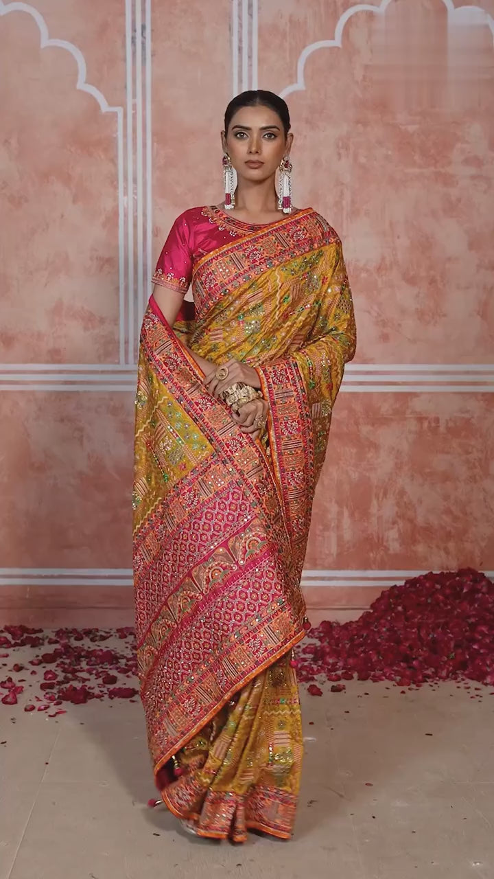 Mustard Banaras Silk Saree with Pure Kachhi Work & Diamond & Mirror Heavy Work