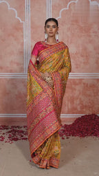 Mustard Banaras Silk Saree with Pure Kachhi Work & Diamond & Mirror Heavy Work