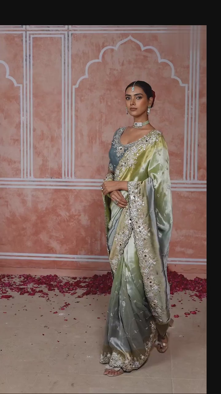 Golden Green With Grey Tissue Embroidered Wedding Wear Saree