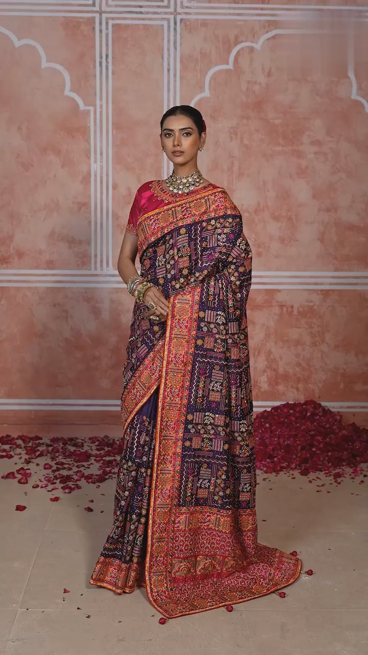Purple Banaras Silk Saree with Pure Kachhi Work & Diamond & Mirror Heavy Work