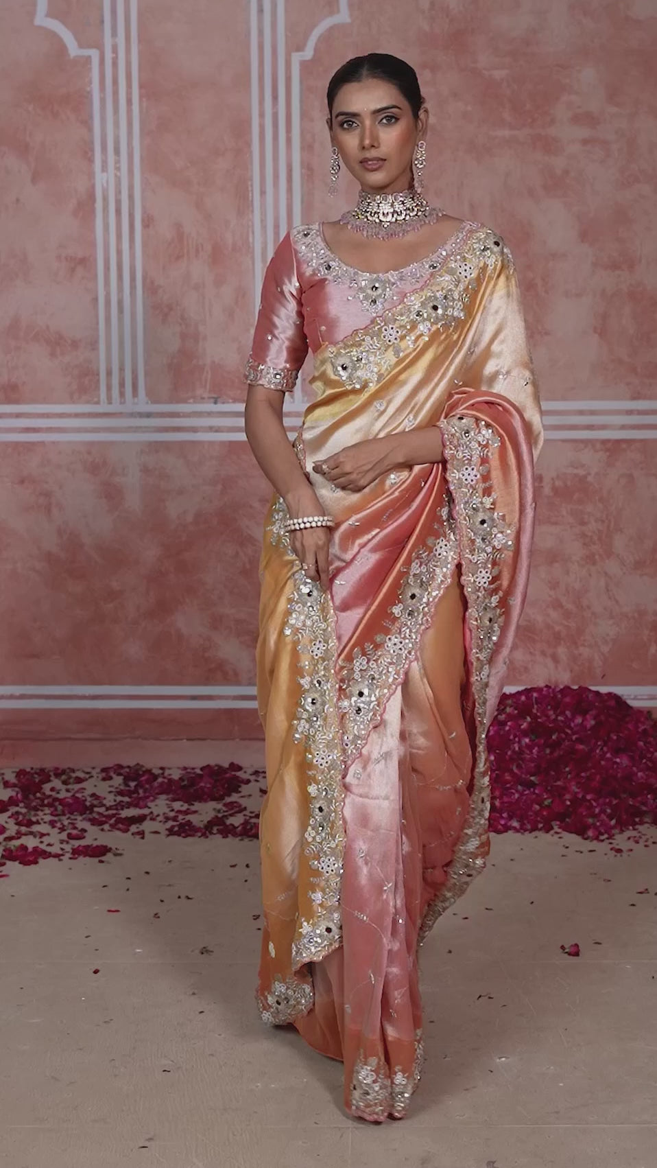 Baby Pink With Orange Tissue Embroidered Wedding Wear Saree