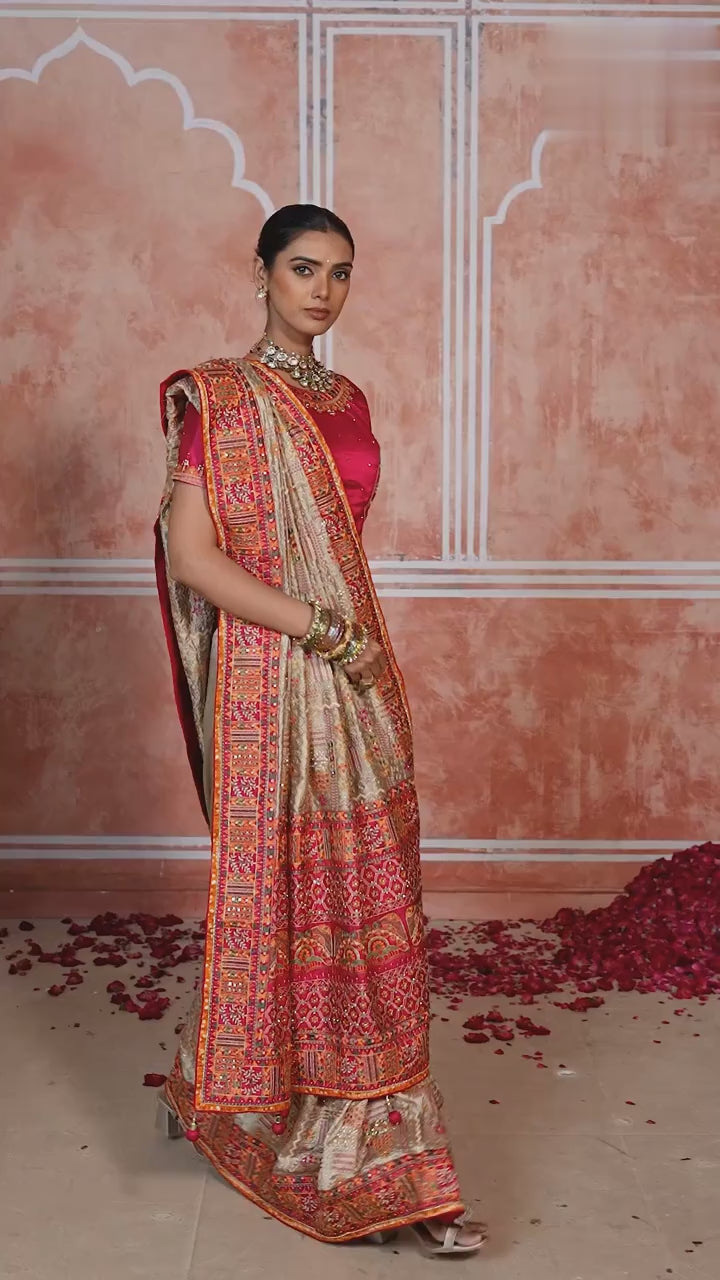 Beige Banaras Silk Saree with Pure Kachhi Work & Diamond & Mirror Heavy Work