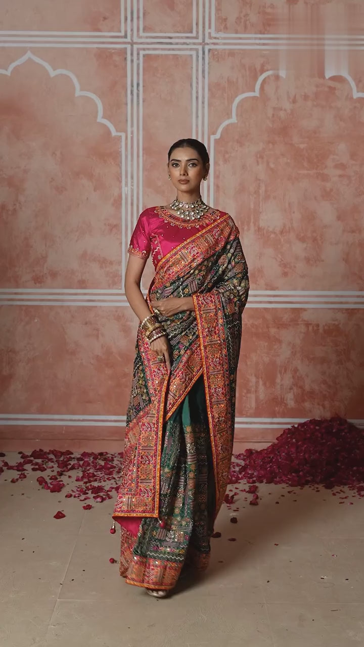 Dark Green Banaras Silk Saree with Pure Kachhi Work & Diamond & Mirror Heavy Work