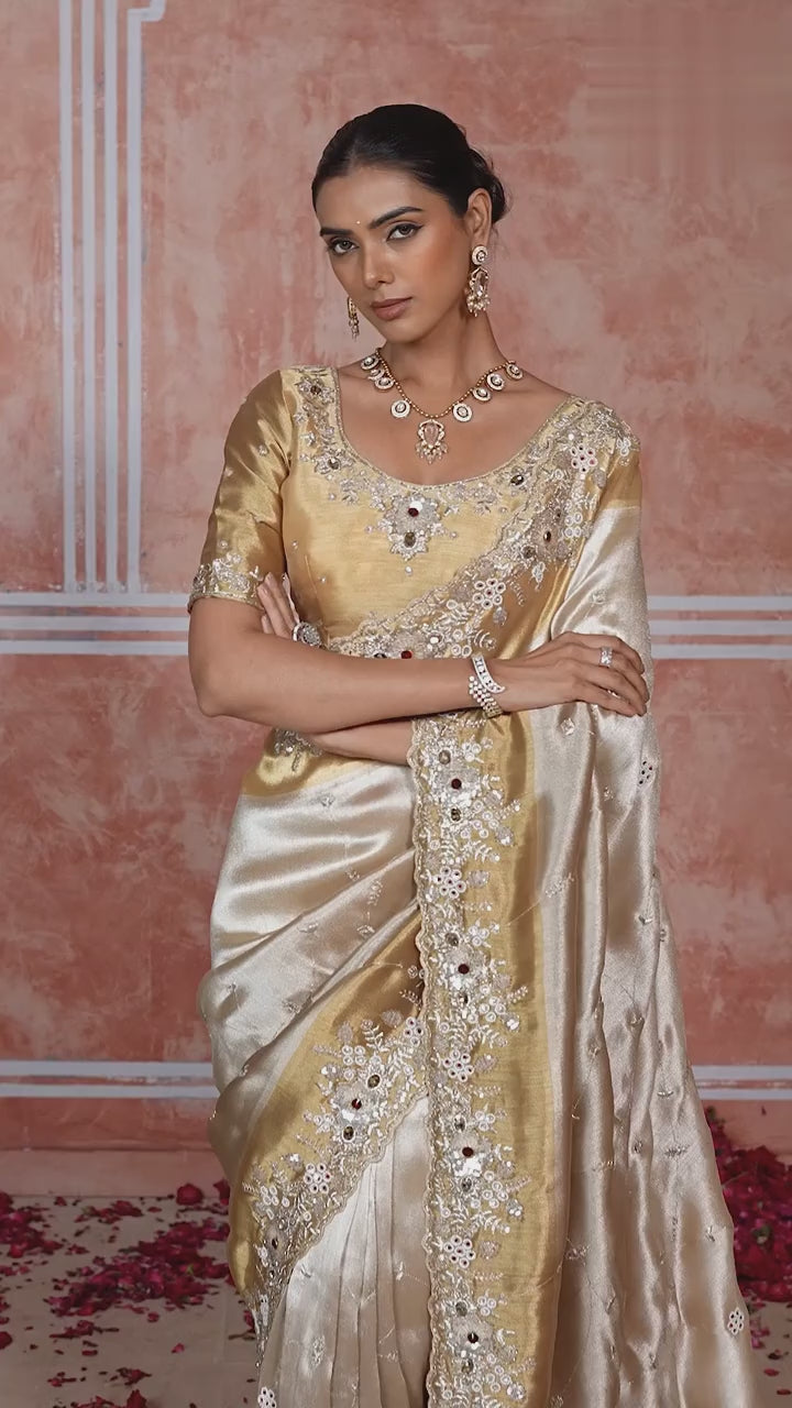 Golden and Mustard Tissue Embroidered Wedding Wear Saree