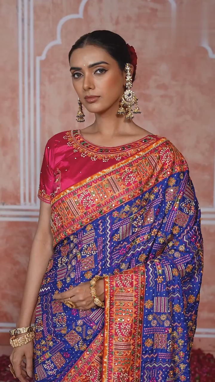 Royal Blue Banaras Silk Saree with Pure Kachhi Work & Diamond & Mirror Heavy Work